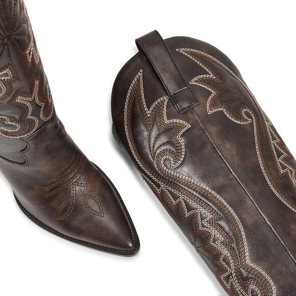 Women's Embroidered Dark Brown Chunky Knee High Heel Western Tall Boots - Picture 4 of 7